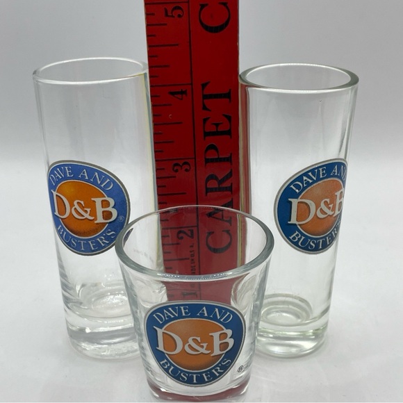 3 Dave and Busters Shot Glasses D&B Two Tall Skinny One Regular All Different - Picture 10 of 11